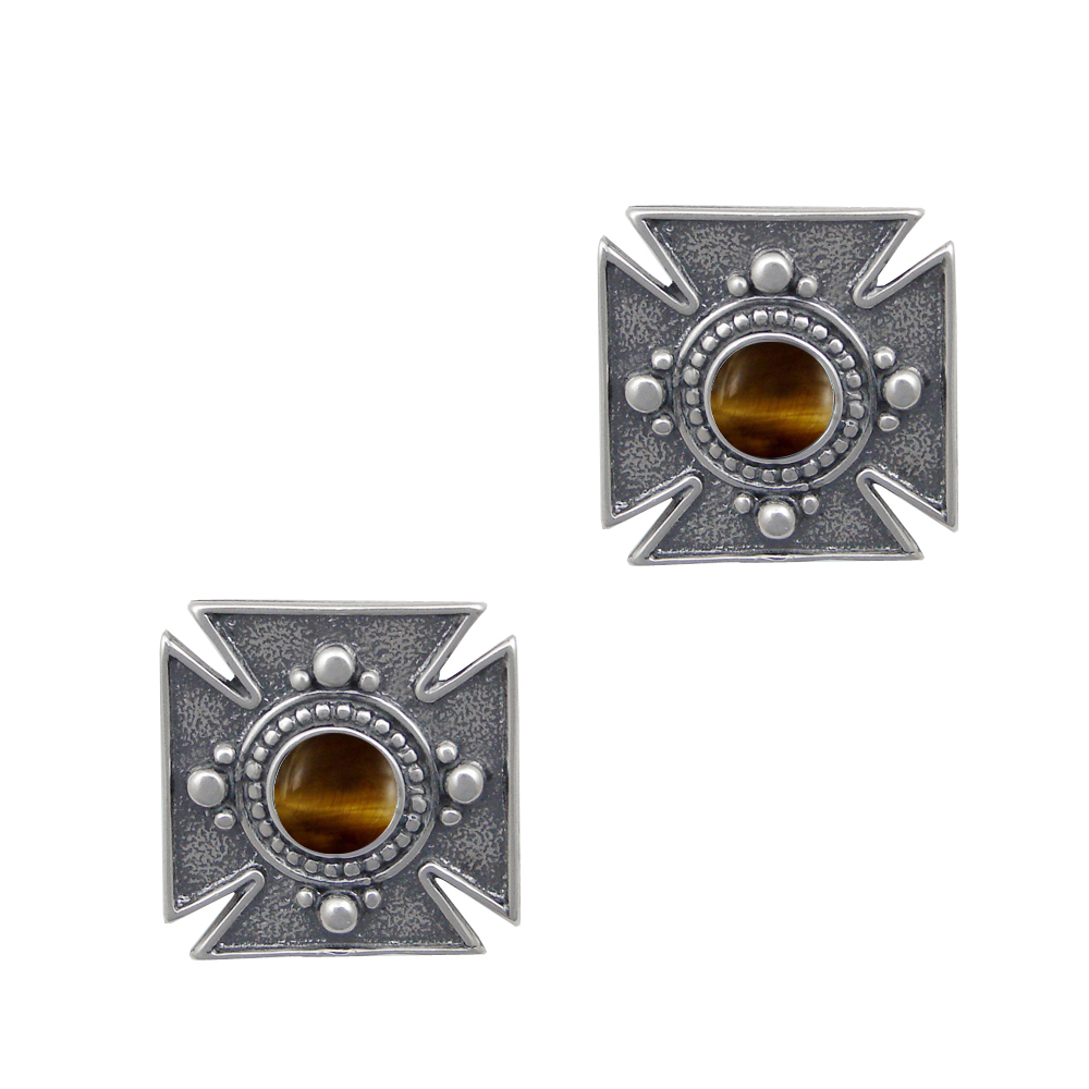 Sterling Silver Small Iron Cross Post Stud Earrings With Tiger Eye
